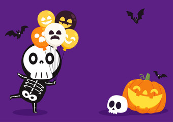Cute halloween skeleton cartoon. Skeleton in halloween day. Halloween character cartoon. Halloween balloon vector. Banner.