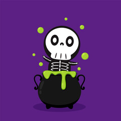 Halloween witches violet cauldron with poison potion isolated on purple background. Vector Illustration of a Witch's Cauldron. Skull mascot.