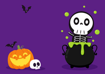 Halloween witches violet cauldron with poison potion isolated on purple background. Vector Illustration of a Witch's Cauldron. Skull mascot.