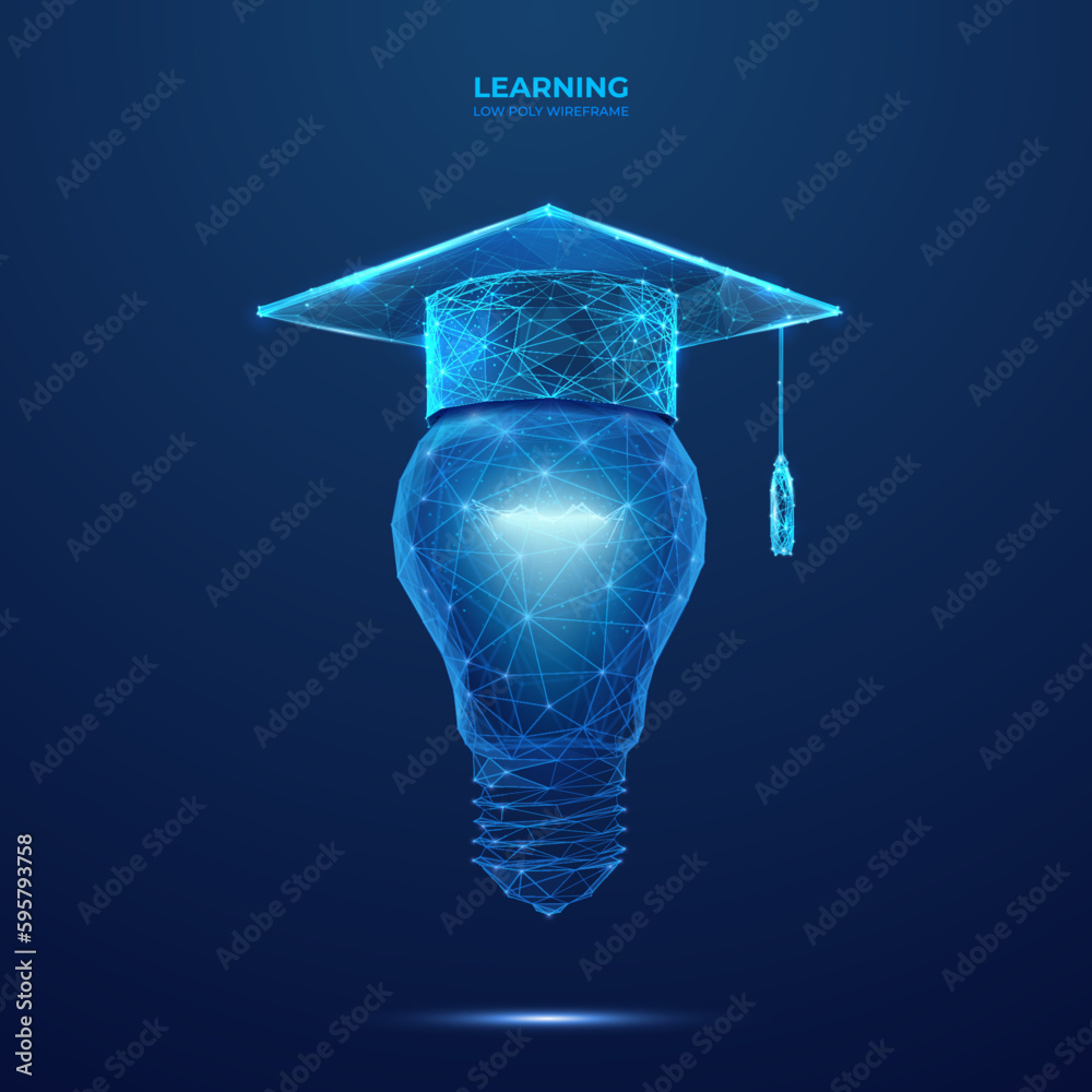 Aufkleber abstract graduation cap and light bulb. education and innovation concept. digital low poly wireframe