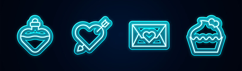 Set line Bottle with love potion, Amour heart and arrow, Envelope Valentine and Wedding cake. Glowing neon icon. Vector