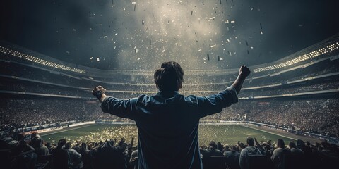 Football, soccer fan support their team and celebrate goal, score, victory. Back view of football, soccer fan cheering their team. Concept of sport, cup, world, event, competition. Generative AI