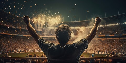 Fototapeta na wymiar Back view of fan celebrating victory in soccer stadium. Football, soccer fan support their team and celebrate goal, scorer, victory. Generative AI