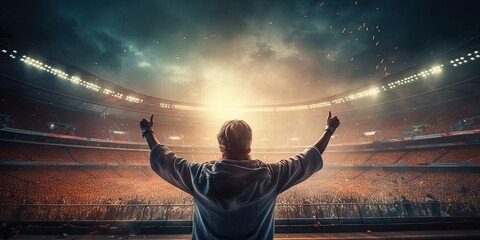 Back view of fan celebrating victory in soccer stadium. Football, soccer fan support their team and celebrate goal, scorer, victory. Generative AI