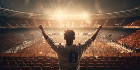 Back view of fan celebrating victory in soccer stadium. Football, soccer fan support their team and celebrate goal, scorer, victory. Generative AI