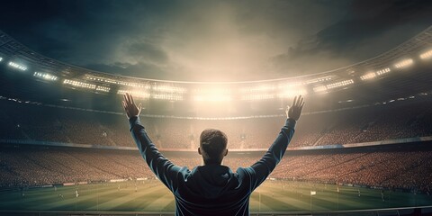 Fototapeta na wymiar Back view of fan celebrating victory in soccer stadium. Football, soccer fan support their team and celebrate goal, scorer, victory. Generative AI