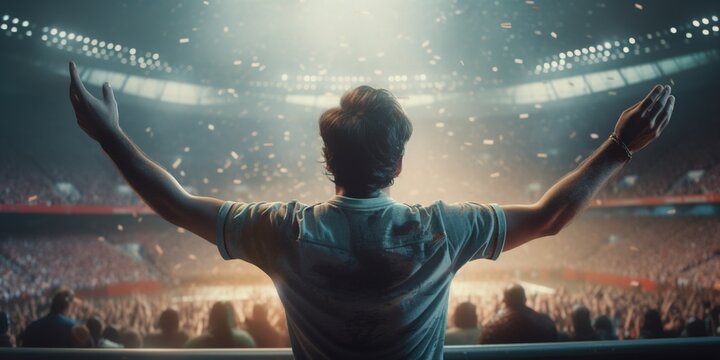 Back view of fan celebrating victory in soccer stadium. Football, soccer fan support their team and celebrate goal, scorer, victory. Generative AI