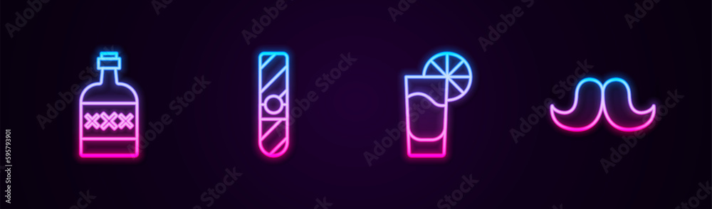 Sticker set line tequila bottle, cigar, glass with lemon and mustache. glowing neon icon. vector