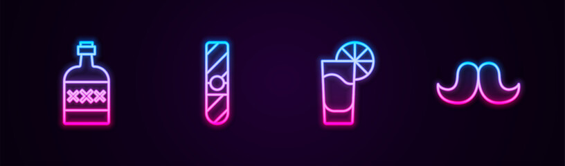 Set line Tequila bottle, Cigar, glass with lemon and Mustache. Glowing neon icon. Vector