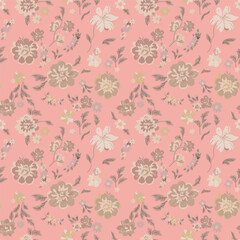 Vintage seamless pattern with floral pattern. Beige flowers, leaves and branches on a pale pink background. Vector illustration of art. Design for textiles, paper.
