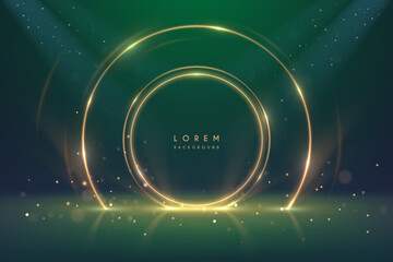 Golden light circle rings on green background © d1sk