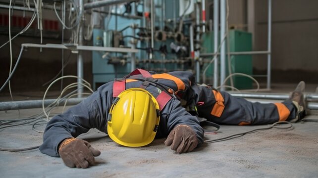 Unconscious electro shock accident victimized an electric worker. Accidental electric shock causes an electrician to lose consciousness at work, Generative AI