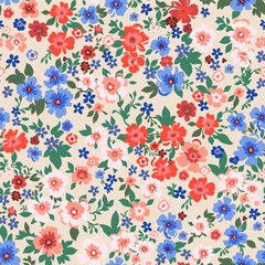 Fototapeta na wymiar Seamless pattern. Vector flower design with cute wildflowers. Romantic abstract background. An illustration of spring nature with bright colors of red and blue.