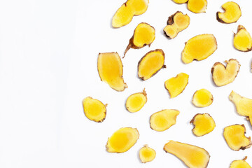 Phlai slices, Cassumumr ginger or zingiber montanum on white background.