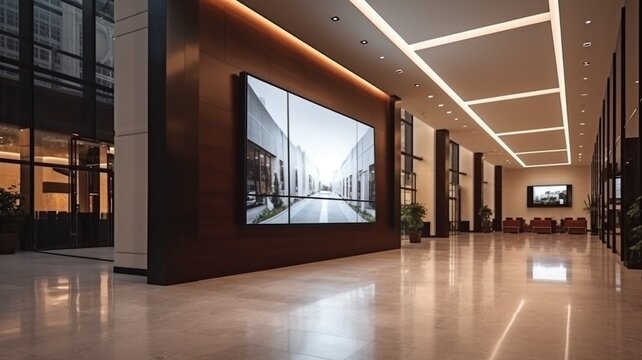 In the entrance, lobby, and office hallways, there is a large TV screen with Generative AI.