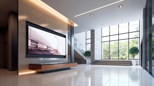 In The Entrance, Lobby, And Office Hallways, There Is A Large TV Screen With Generative AI.