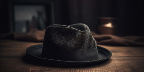 Stylish black men's hat wide brimmed in the style of the 80s. Men's fashion and beauty. Men's Black fedora hat. Generative AI