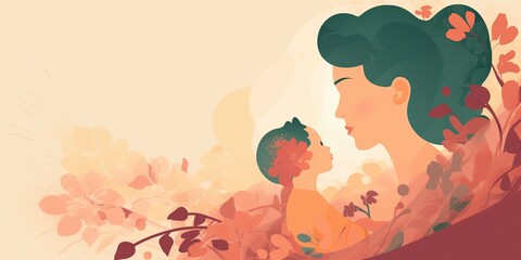 Illustration of mother with her little child, flower in the background. Copy space area for text. Concept of mothers day, mothers love, relationships between mother and child. Generative AI