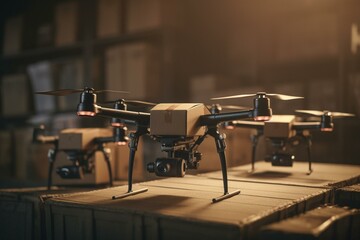 Fototapeta na wymiar Three unmanned aerial vehicles transporting a package. Generative AI