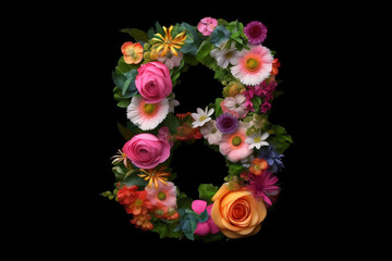 March 8th concept. Number 8 creative made of colorful flowers blossoms on black background. Greeting Card Women's Day on March 8th. Generative AI