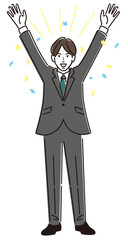 バンザイ　万歳　全身　ビジネスマン　男性　新入社員