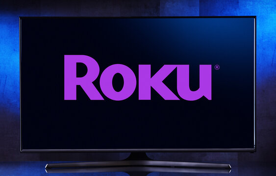 Flat-screen TV set displaying logo of Roku