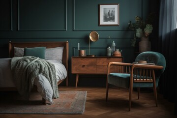 A diverse bedroom with mix and match furniture pieces, featuring a retro armchair and a modern nightstand. Generative AI