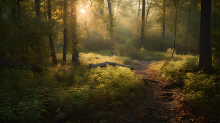 Obraz premium olden Hour Shot Captures Serene Beauty of Forest with Lush Foliage and Wildlife