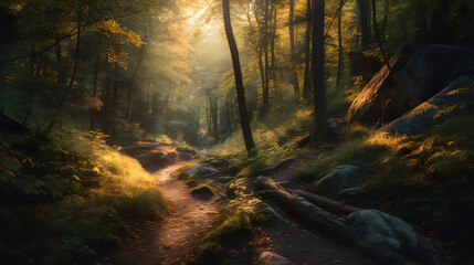 Fototapeta premium olden Hour Shot Captures Serene Beauty of Forest with Lush Foliage and Wildlife