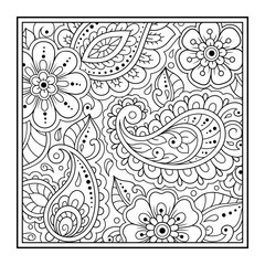 Outline square flower pattern in mehndi style for coloring book page. Antistress for adults and children. Doodle ornament in black and white. Hand draw vector illustration.