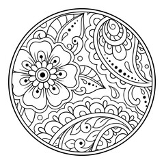 Outline round flower pattern in mehndi style for coloring book page. Antistress for adults and children. Doodle ornament in black and white. Hand draw vector illustration.