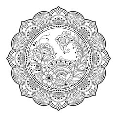 Outline round flower pattern in mehndi style for coloring book page. Antistress for adults and children. Doodle ornament in black and white. Hand draw vector illustration.