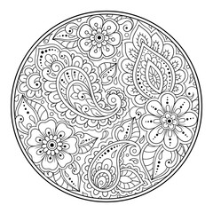 Outline round flower pattern in mehndi style for coloring book page. Antistress for adults and children. Doodle ornament in black and white. Hand draw vector illustration.