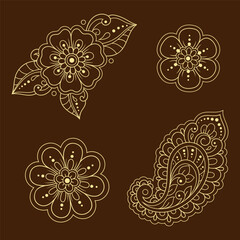 Set of Mehndi flower pattern for Henna drawing and tattoo. Decoration in ethnic oriental, Indian style. Doodle ornament. Outline hand draw vector illustration.