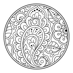 Outline round flower pattern in mehndi style for coloring book page. Antistress for adults and children. Doodle ornament in black and white. Hand draw vector illustration.