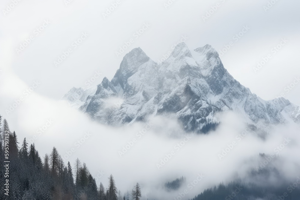 Canvas Prints snow-covered mountain with trees in the foreground. Generative AI