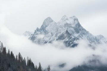 snow-covered mountain with trees in the foreground. Generative AI