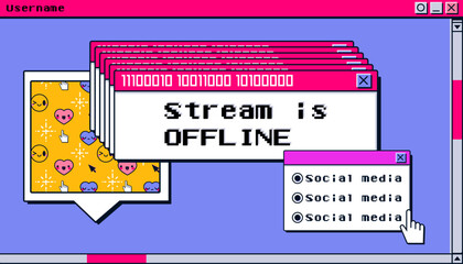 Stream is offline twitch background banner layout. Y2k creative retro design with window bug and social media button. Streamer broadcast video overlay template. Gamer screen cover for website