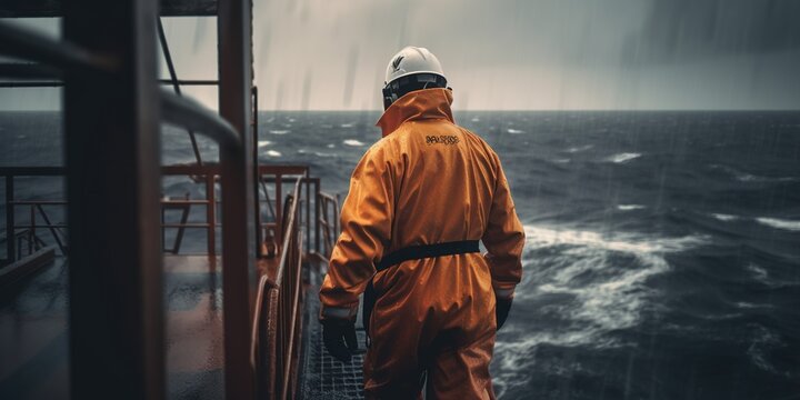 Industrial worker in orange overall and helmet watches the work of an oil rig. View from the back, oil rig in background, night, rain, stormy weather. Generative AI