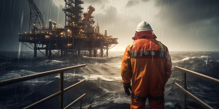 Industrial worker from behind in orange overall. Worker at a offshore oil rig. Oil rig in background, night, stormy weather, beautiful lighting. Generative AI