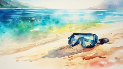 Fototapeta na wymiar Generative AI, watercolor illustration of a diving mask lies on the sand by the sea, beach, shore, ocean, diving, snorkeling, vacation, outdoor activities, space for text
