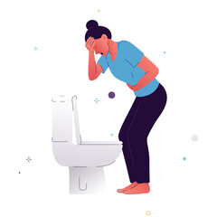 Vector illustration of a woman who stands over the toilet, holding her stomach with her hand. The person experiences nausea and vomiting due to poisoning. A woman with signs and symptoms of pregnancy.