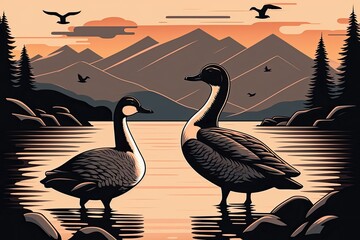 two ducks standing on a tranquil lake. Generative AI