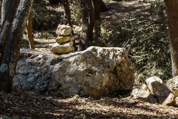 stone cairn indicating the way to the hermitage of Maristela, Son Ferra, Esporles, Majorca, Balearic Islands, Spain