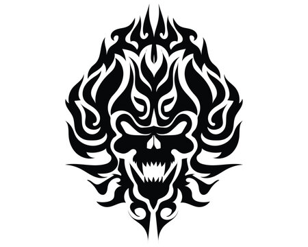 vector design of a black and white silhouette tattoo or symbol that looks like flames all around and has a black skull head symbol in the center