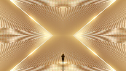 A businessman stands in an architectural space framed by golden lines