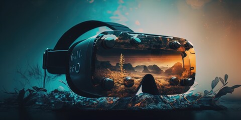 VR glasses. Virtual reality helmet, futuristic goggles. VR headset, double exposure, Metaverse, Futuristic virtual world, Technology. Virtual reality concept. Generative AI