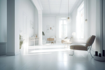 Fototapeta premium A minimalist and modern Italian design interior in a clean white space with high key lighting, Generative AI