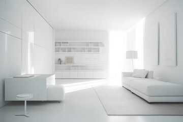 Fototapeta na wymiar A minimalist and modern Italian design interior in a clean white space with high key lighting, Generative AI