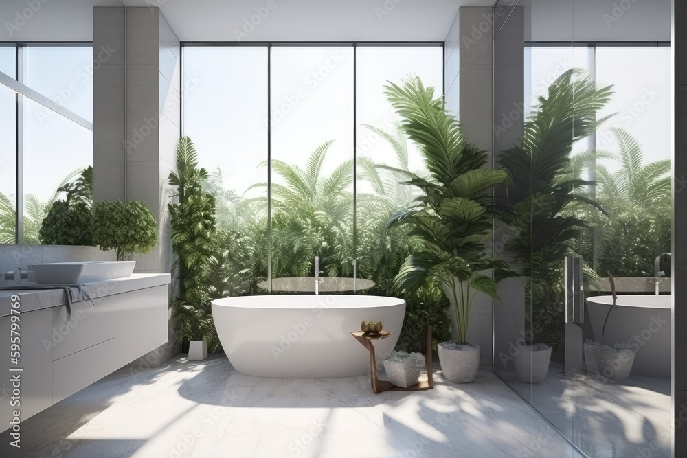 Poster modern bathroom with a white bathtub and a large window. Generative AI